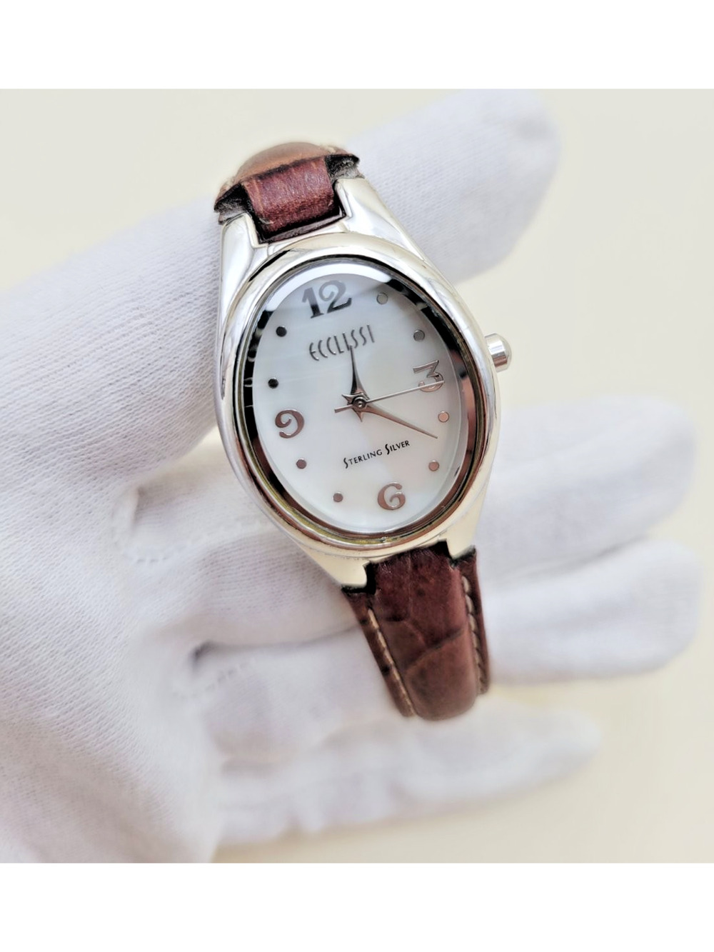 Ecclissi 22650 Women's Sterling Silver Watch Mother of Pearl Dial Brown Leather